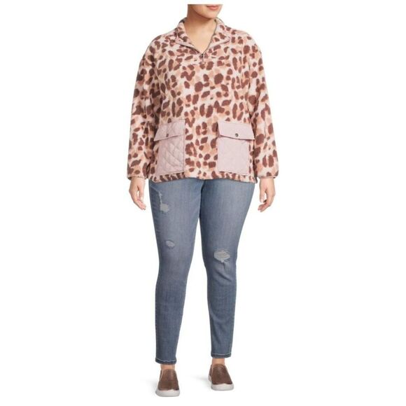 COMO VINTAGE Leopard Print Faux Sherpa 1/4-Zip Pullover Size 2X NWOT - Picture 1 of 14